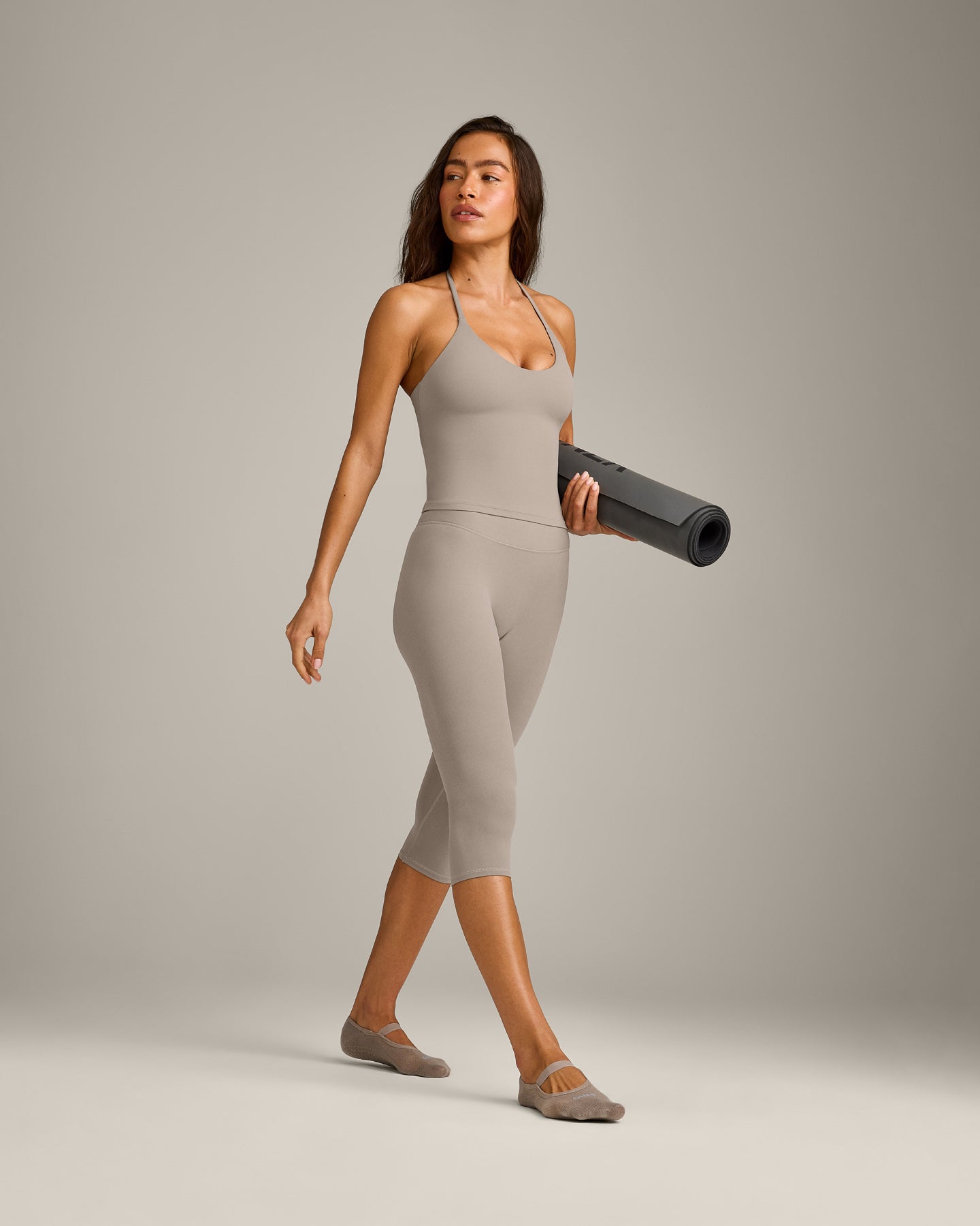SoftMotion™ Strappy Halter Neck Tank Top with Built in Bra Shelf with White Logo | Warm Sand