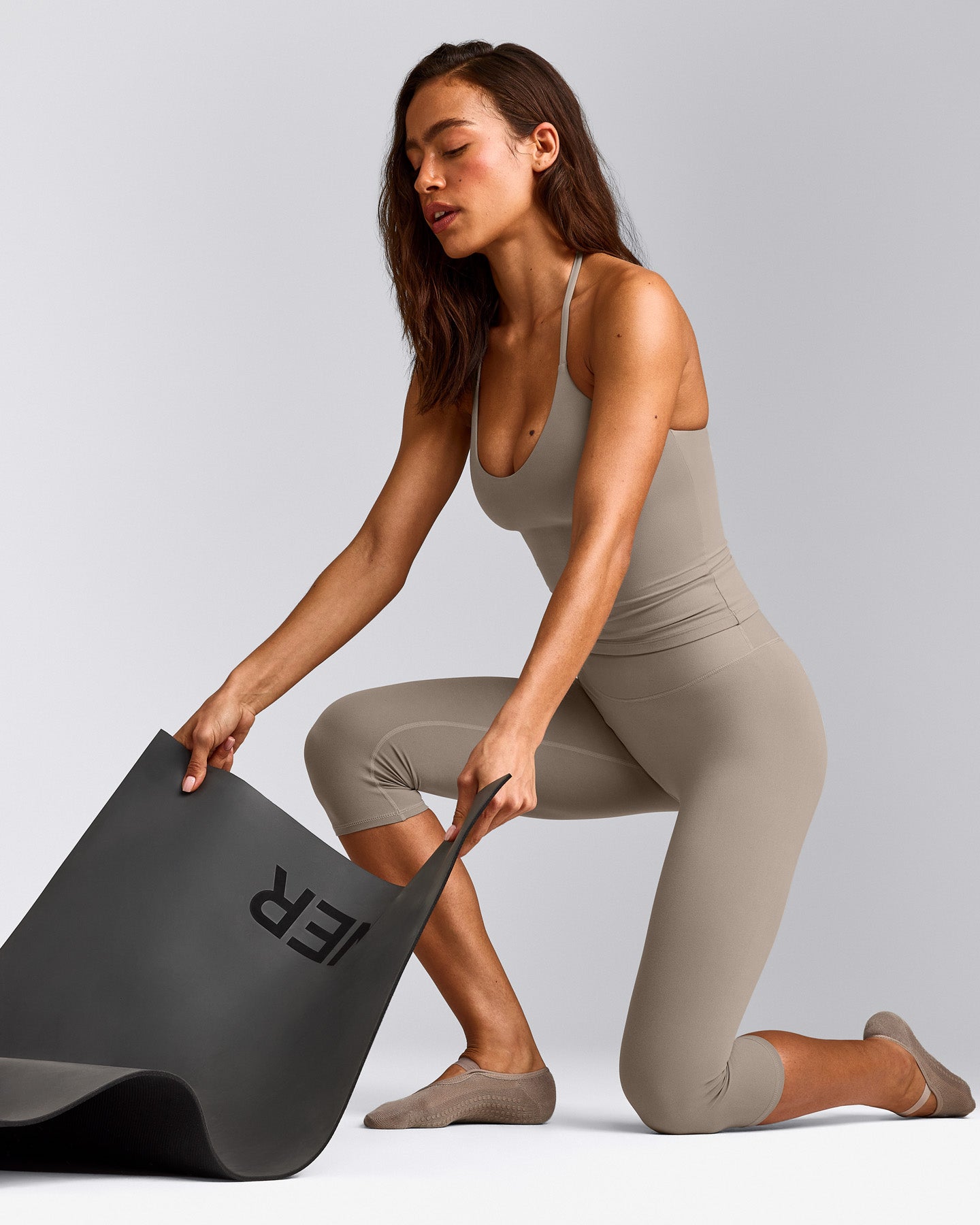 SoftMotion™ Strappy Halter Neck Tank Top with Built in Bra Shelf with White Logo | Warm Sand