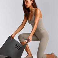 SoftMotion™ Strappy Halter Neck Tank Top with Built in Bra Shelf with White Logo | Warm Sand