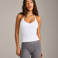 SoftMotion™ Strappy Halter Neck Tank Top with Built in Bra Shelf with Gray Logo | White