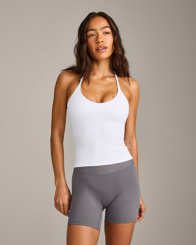 SoftMotion™ Strappy Halter Neck Tank Top with Built in Bra Shelf with Gray Logo | White