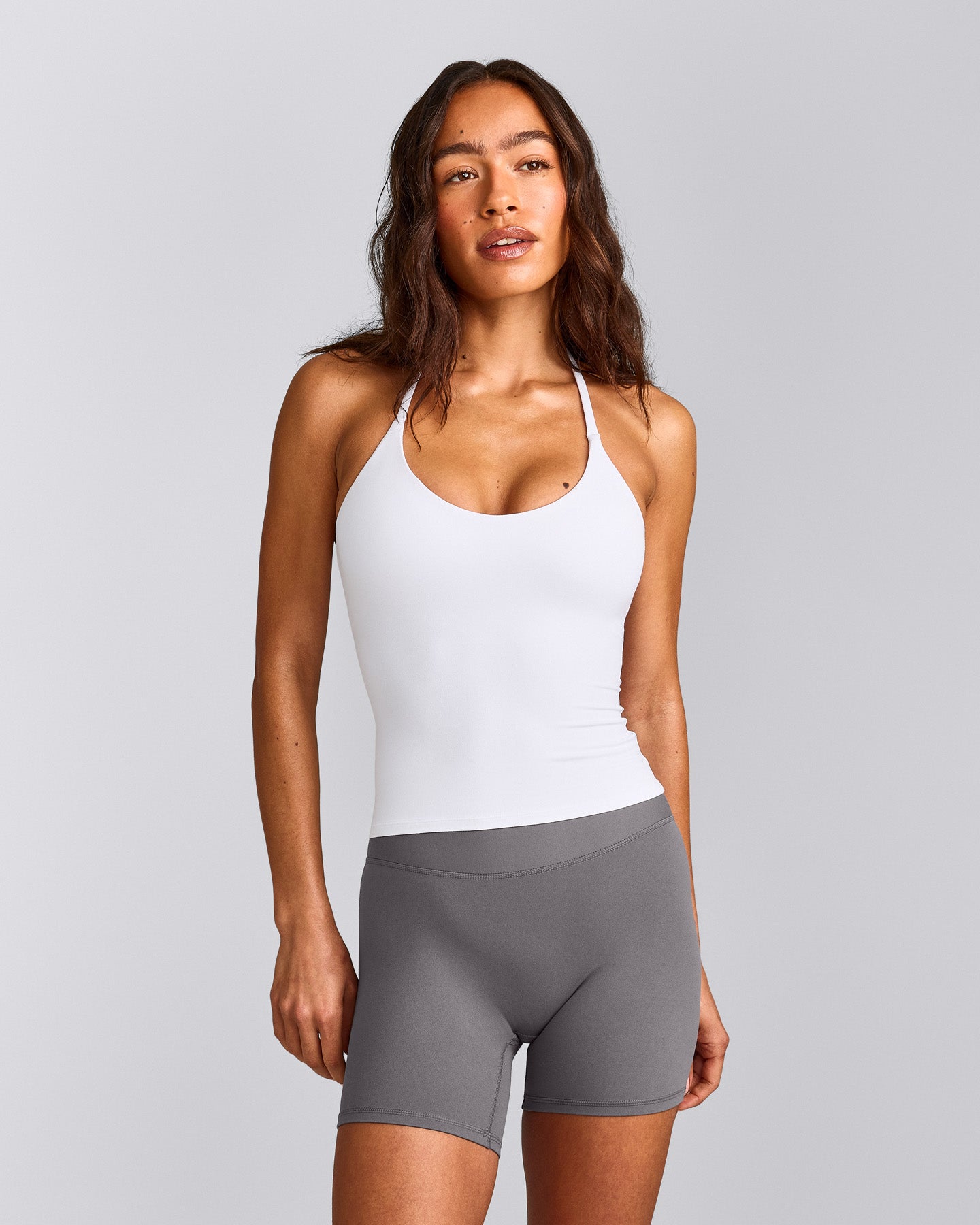 SoftMotion™ Strappy Halter Neck Tank Top with Built in Bra Shelf with Gray Logo | White