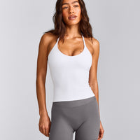 SoftMotion™ Strappy Halter Neck Tank Top with Built in Bra Shelf with Gray Logo | White
