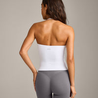 SoftMotion™ Strappy Halter Neck Tank Top with Built in Bra Shelf with Gray Logo | White
