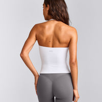 SoftMotion™ Strappy Halter Neck Tank Top with Built in Bra Shelf with Gray Logo | White