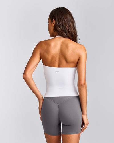 SoftMotion™ Strappy Halter Neck Tank Top with Built in Bra Shelf with Gray Logo | White