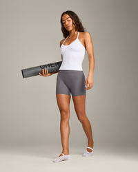 SoftMotion™ Strappy Halter Neck Tank Top with Built in Bra Shelf with Gray Logo | White