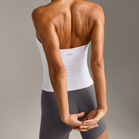 SoftMotion™ Strappy Halter Neck Tank Top with Built in Bra Shelf with Gray Logo | White