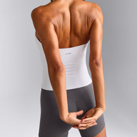 SoftMotion™ Strappy Halter Neck Tank Top with Built in Bra Shelf with Gray Logo | White