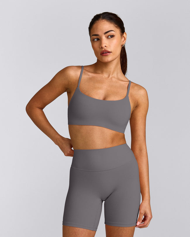 SoftMotion™ Strappy Sports Bra with Gray Logo | Ash Gray