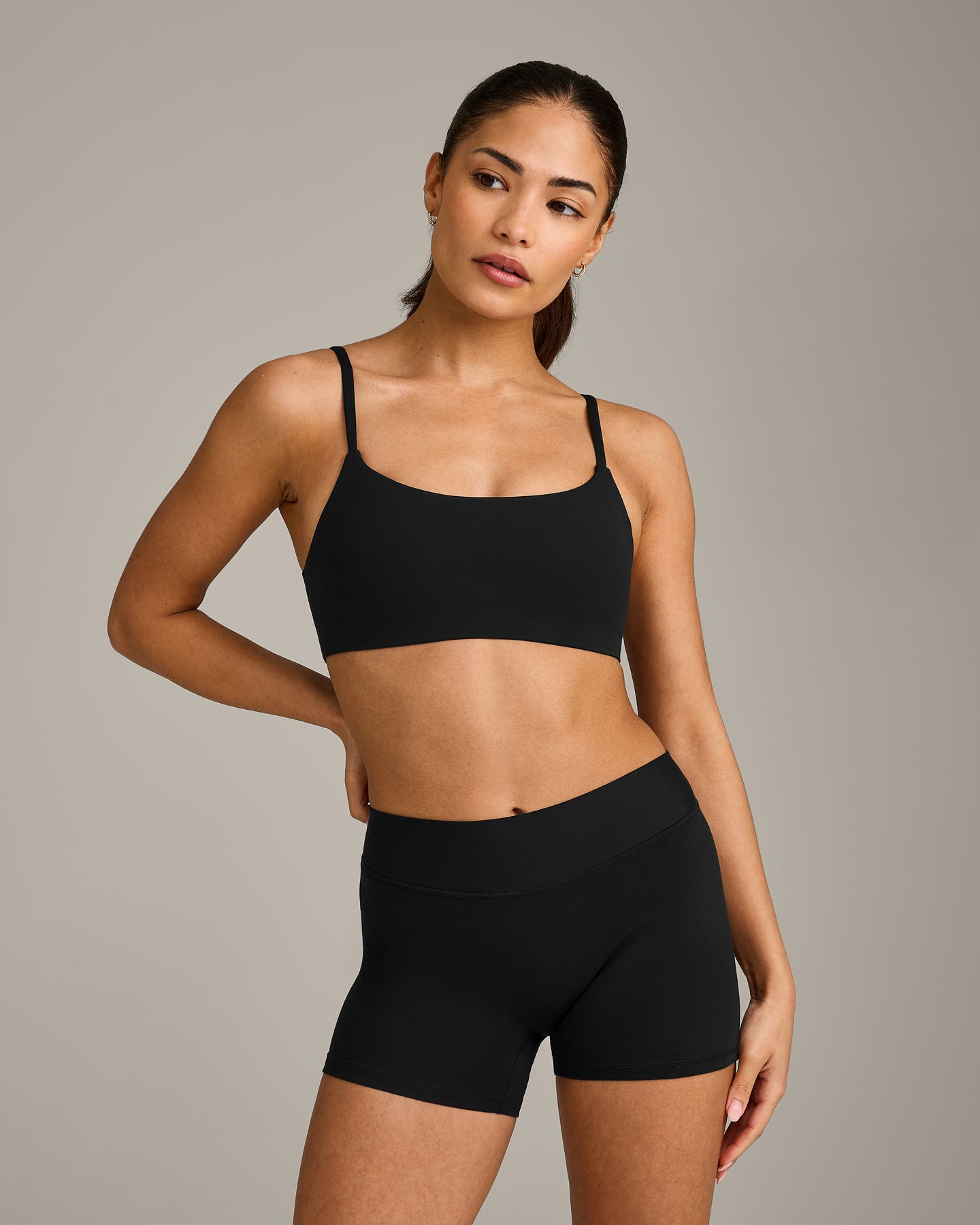 SoftMotion™ Strappy Sports Bra with Gray Logo | Black