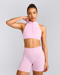 EasyLift™ Zip High Neck Sports Bra with Gray Logo | Chalk Pink