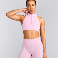 EasyLift™ Zip High Neck Sports Bra with Gray Logo | Chalk Pink