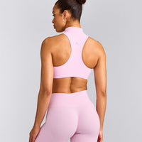 EasyLift™ Zip High Neck Sports Bra with Gray Logo | Chalk Pink