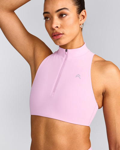 EasyLift™ Zip High Neck Sports Bra with Gray Logo | Chalk Pink