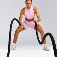 EasyLift™ Zip High Neck Sports Bra with Gray Logo | Chalk Pink