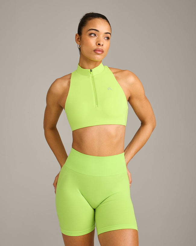 EasyLift™ Zip High Neck Sports Bra with Gray Logo | Citrus Green