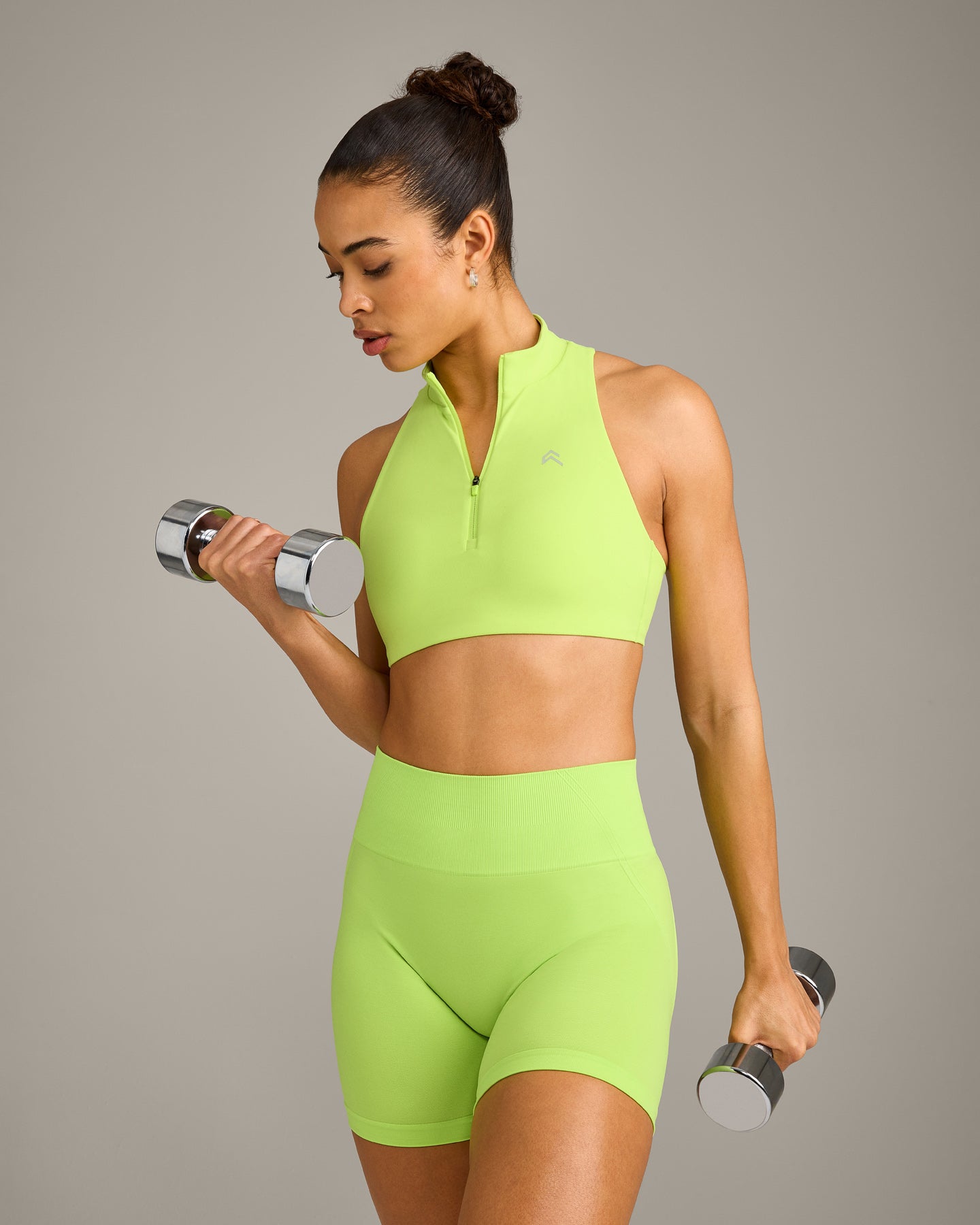 EasyLift™ Zip High Neck Sports Bra with Gray Logo | Citrus Green