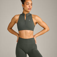 EasyLift™ Zip High Neck Sports Bra with Gray Logo | Dark Khaki