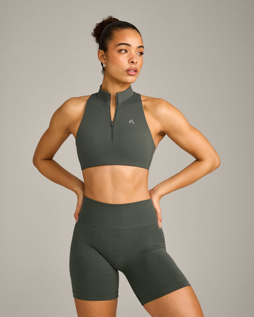 Oner Modal EasyLift™ Zip High Neck Sports Bra with Gray Logo | Dark Khaki