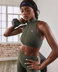 EasyLift™ Zip High Neck Sports Bra with Gray Logo | Dark Khaki