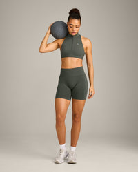 EasyLift™ Zip High Neck Sports Bra with Gray Logo | Dark Khaki