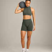 EasyLift™ Zip High Neck Sports Bra with Gray Logo | Dark Khaki