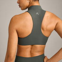 EasyLift™ Zip High Neck Sports Bra with Gray Logo | Dark Khaki