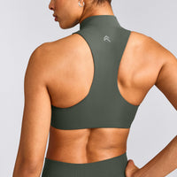EasyLift™ Zip High Neck Sports Bra with Gray Logo | Dark Khaki