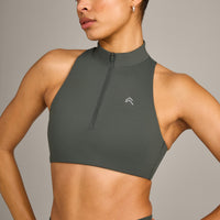 EasyLift™ Zip High Neck Sports Bra with Gray Logo | Dark Khaki
