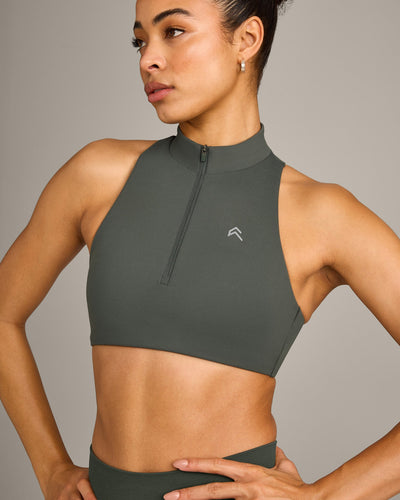 EasyLift™ Zip High Neck Sports Bra with Gray Logo | Dark Khaki