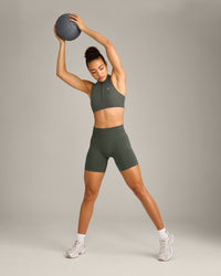 EasyLift™ Zip High Neck Sports Bra with Gray Logo | Dark Khaki