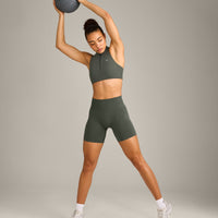 EasyLift™ Zip High Neck Sports Bra with Gray Logo | Dark Khaki