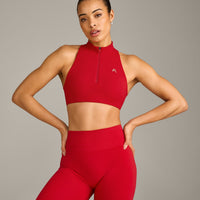 EasyLift™ Zip High Neck Sports Bra with Gray Logo | Fiery Red