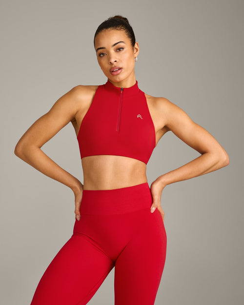 EasyLift™ Zip High Neck Sports Bra with Gray Logo | Fiery Red