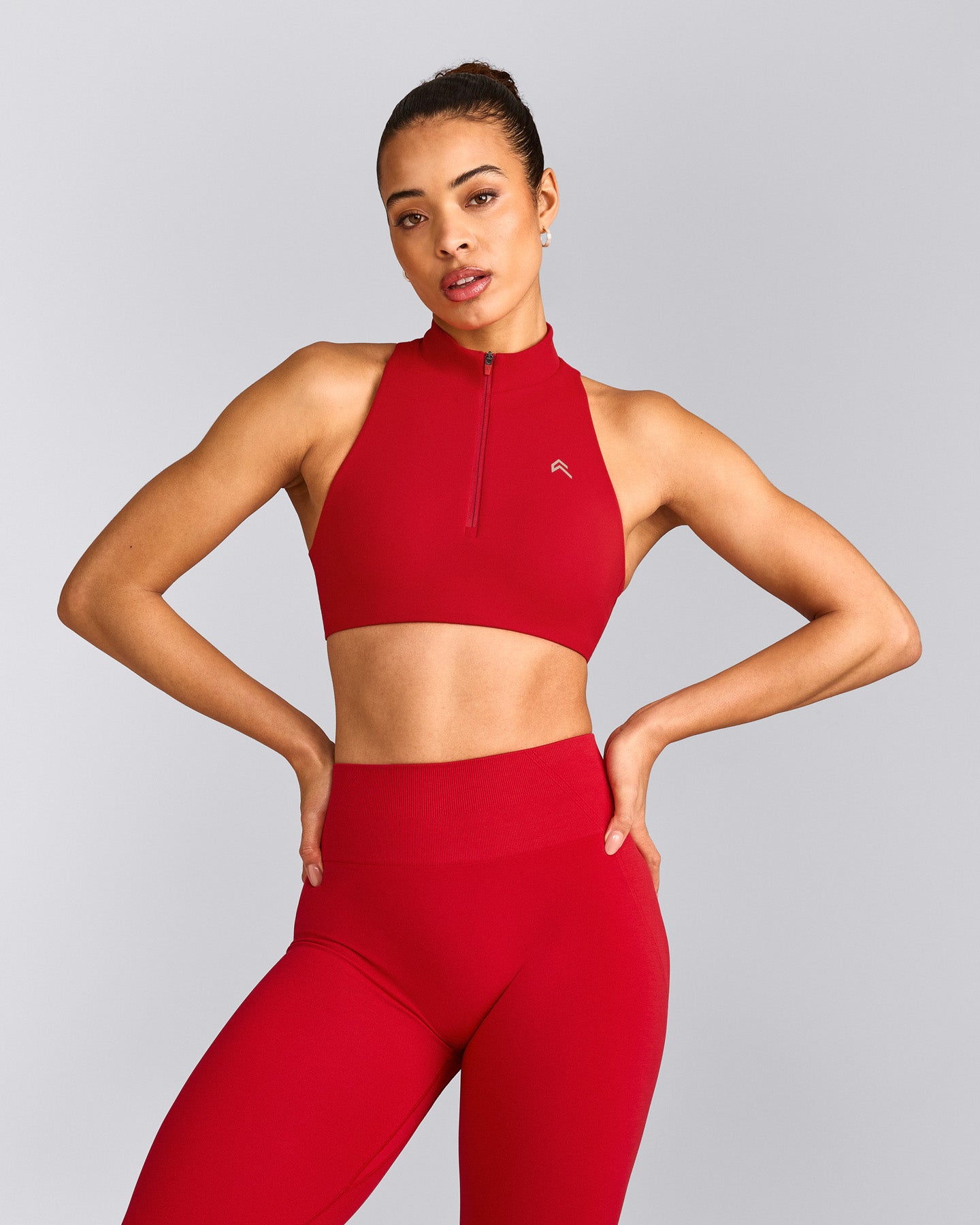 EasyLift™ Zip High Neck Sports Bra with Gray Logo | Fiery Red