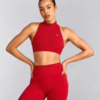 EasyLift™ Zip High Neck Sports Bra with Gray Logo | Fiery Red