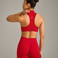 EasyLift™ Zip High Neck Sports Bra with Gray Logo | Fiery Red