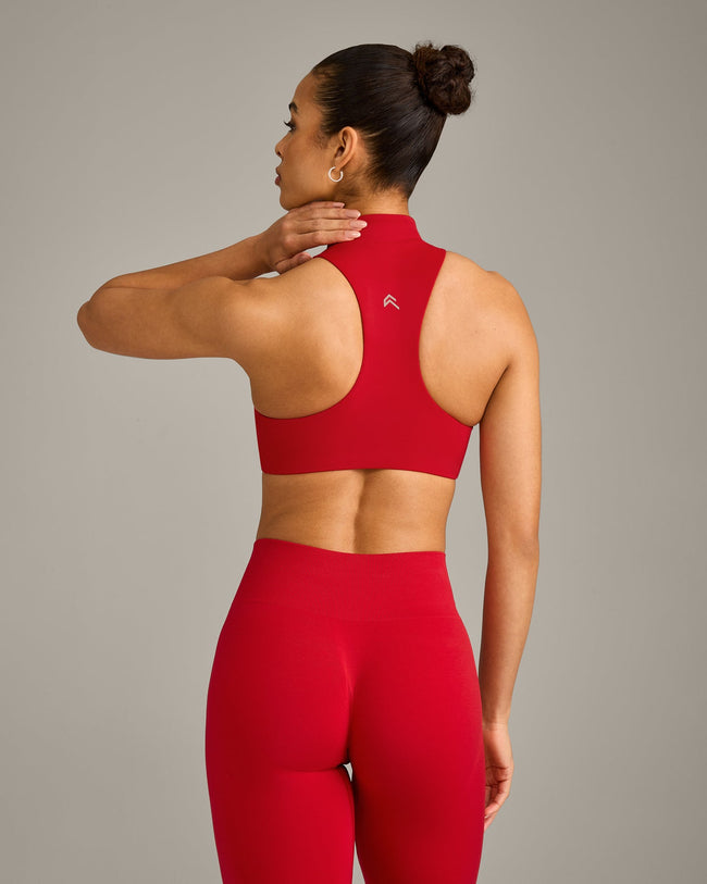 EasyLift™ Zip High Neck Sports Bra with Gray Logo | Fiery Red