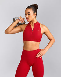 EasyLift™ Zip High Neck Sports Bra with Gray Logo | Fiery Red