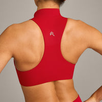EasyLift™ Zip High Neck Sports Bra with Gray Logo | Fiery Red