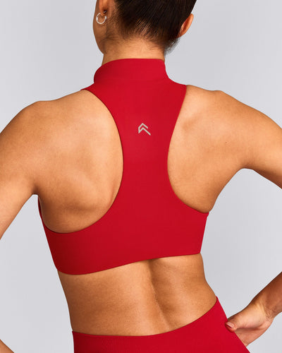 EasyLift™ Zip High Neck Sports Bra with Gray Logo | Fiery Red