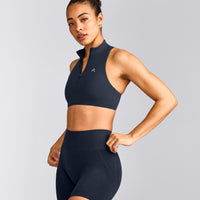 EasyLift™ Zip High Neck Sports Bra with Gray Logo | True Blue