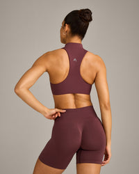 EasyLift™ Zip High Neck Sports Bra with Grey Logo | Velvet Mocha