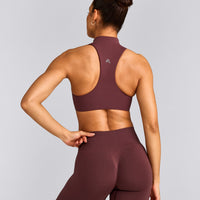 EasyLift™ Zip High Neck Sports Bra with Gray Logo | Velvet Mocha
