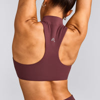 EasyLift™ Zip High Neck Sports Bra with Gray Logo | Velvet Mocha