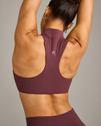 EasyLift™ Zip High Neck Sports Bra with Grey Logo | Velvet Mocha