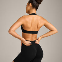 EffortlessLift™ Seamless Halter Neck Sports Bra with Gray Logo | Black