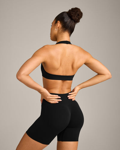 EffortlessLift™ Seamless Halter Neck Sports Bra with Gray Logo | Black