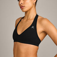 EffortlessLift™ Seamless Halter Neck Sports Bra with Gray Logo | Black
